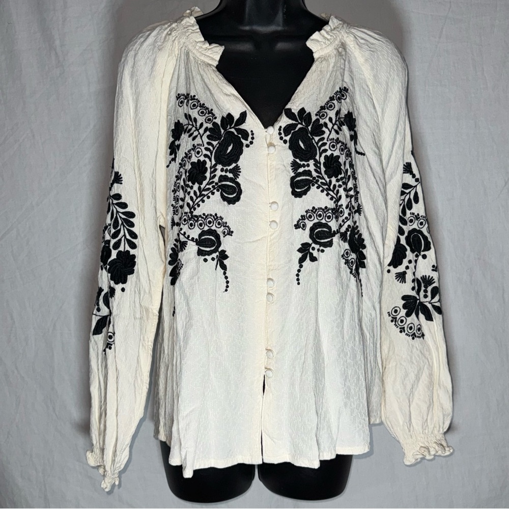Fat‎ Face Ivory Black Floral Embroidered Boho Peasant Blouse Top Size 10
